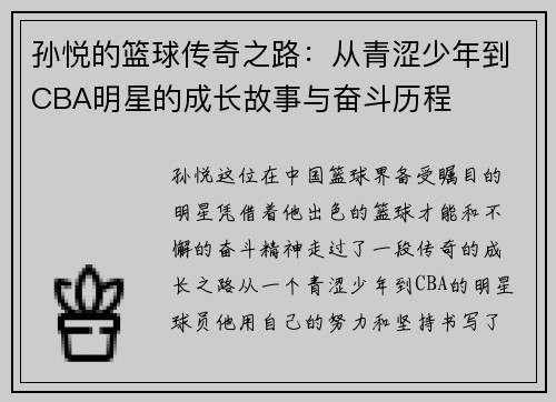 孙悦的篮球传奇之路：从青涩少年到CBA明星的成长故事与奋斗历程